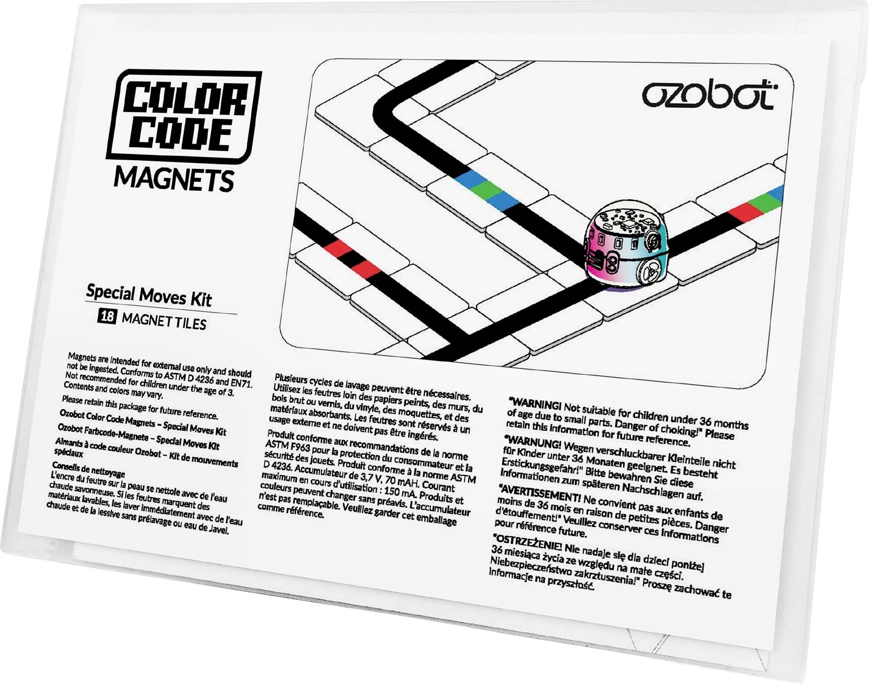 Schachtel für Ozobot Farbcode-Magnete Special Moves Kit mit Beispielstrecke und Roboterillustration auf der Vorderseite.
