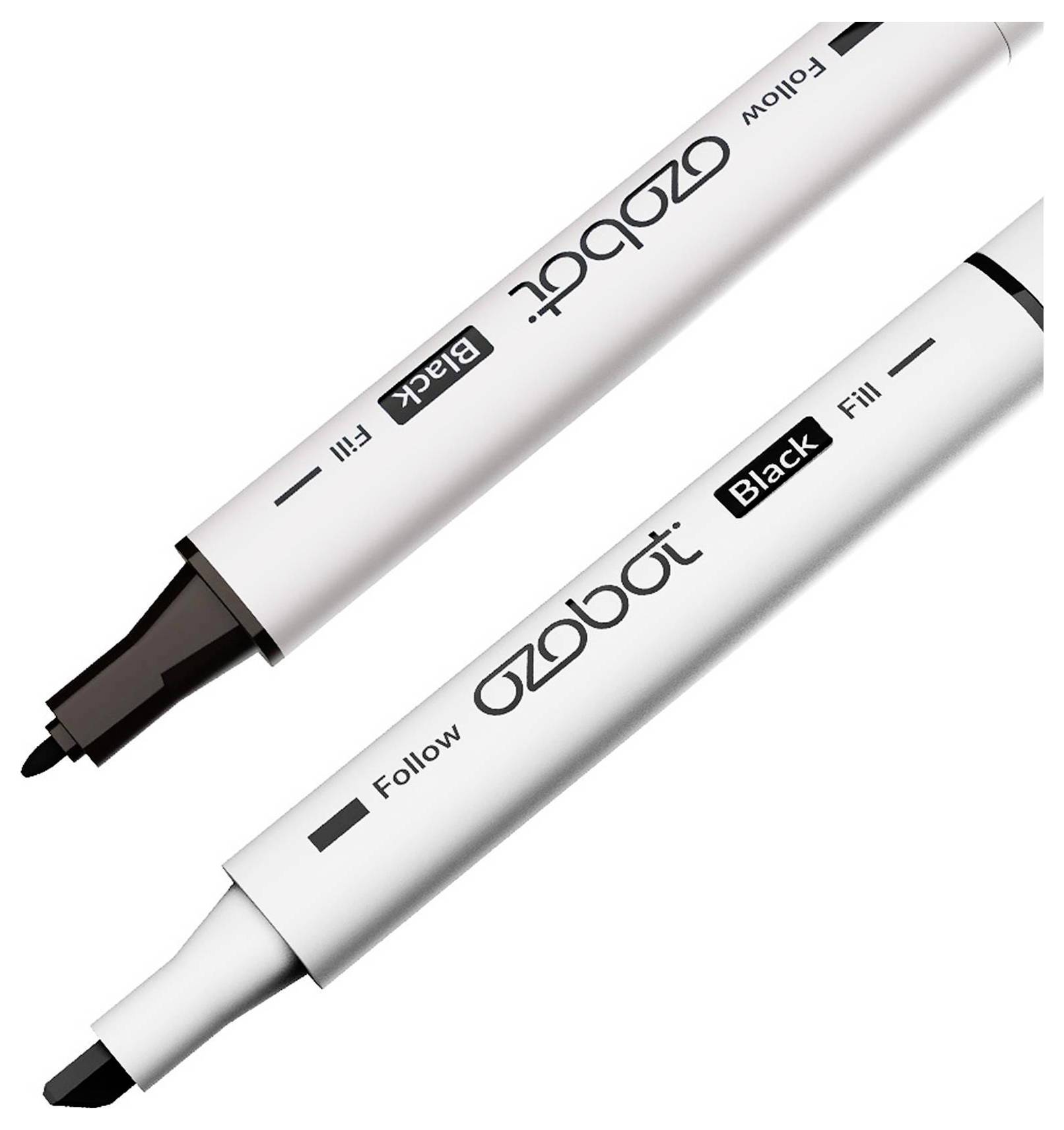Zwei weiße Ozobot-Marker mit den Aufschriften „Black Fill