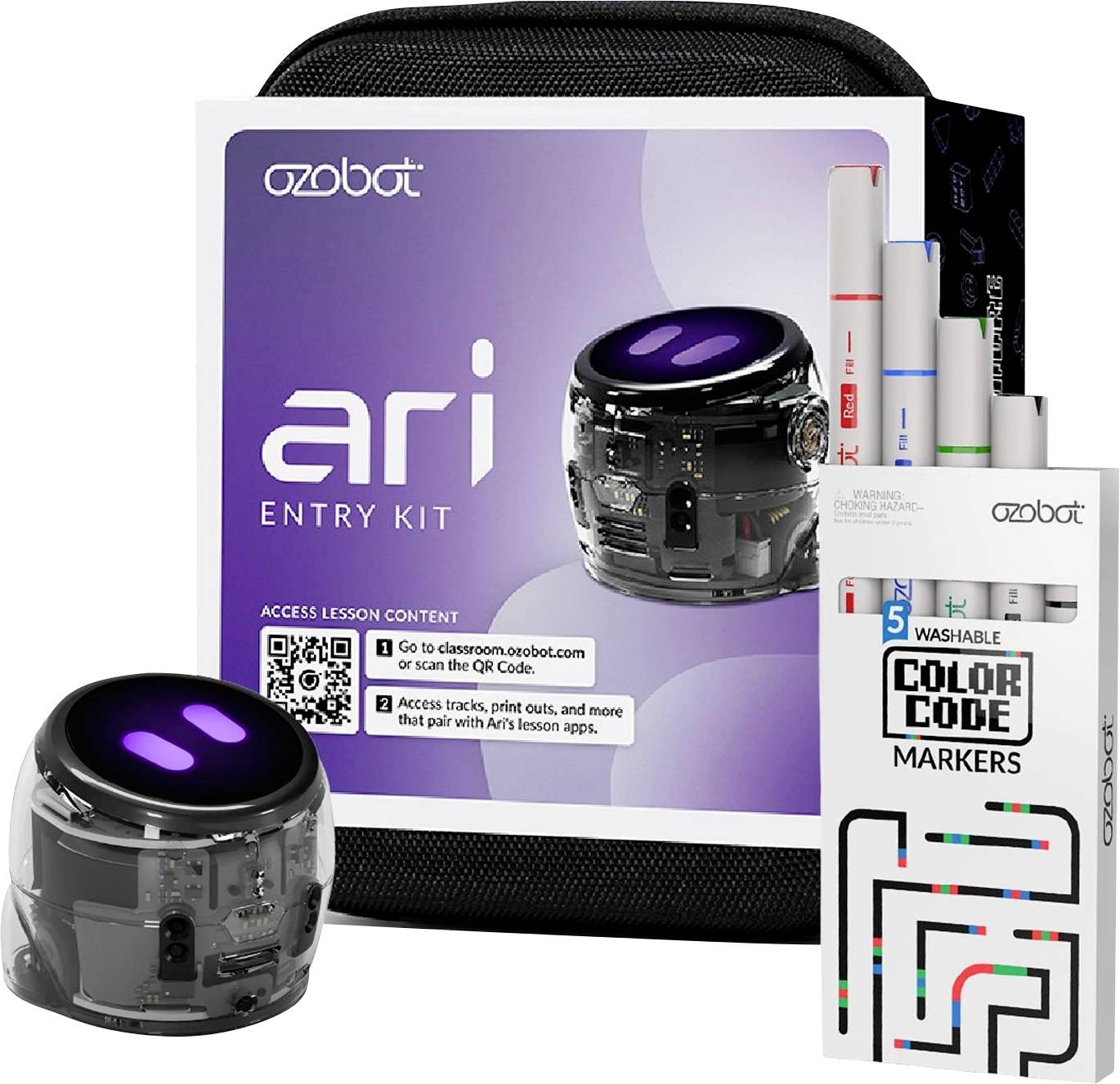 Ozobot Ari Einsteigerpaket mit einem Roboter, Unterrichtspaket, QR-Code und waschbaren Color Code Markern.