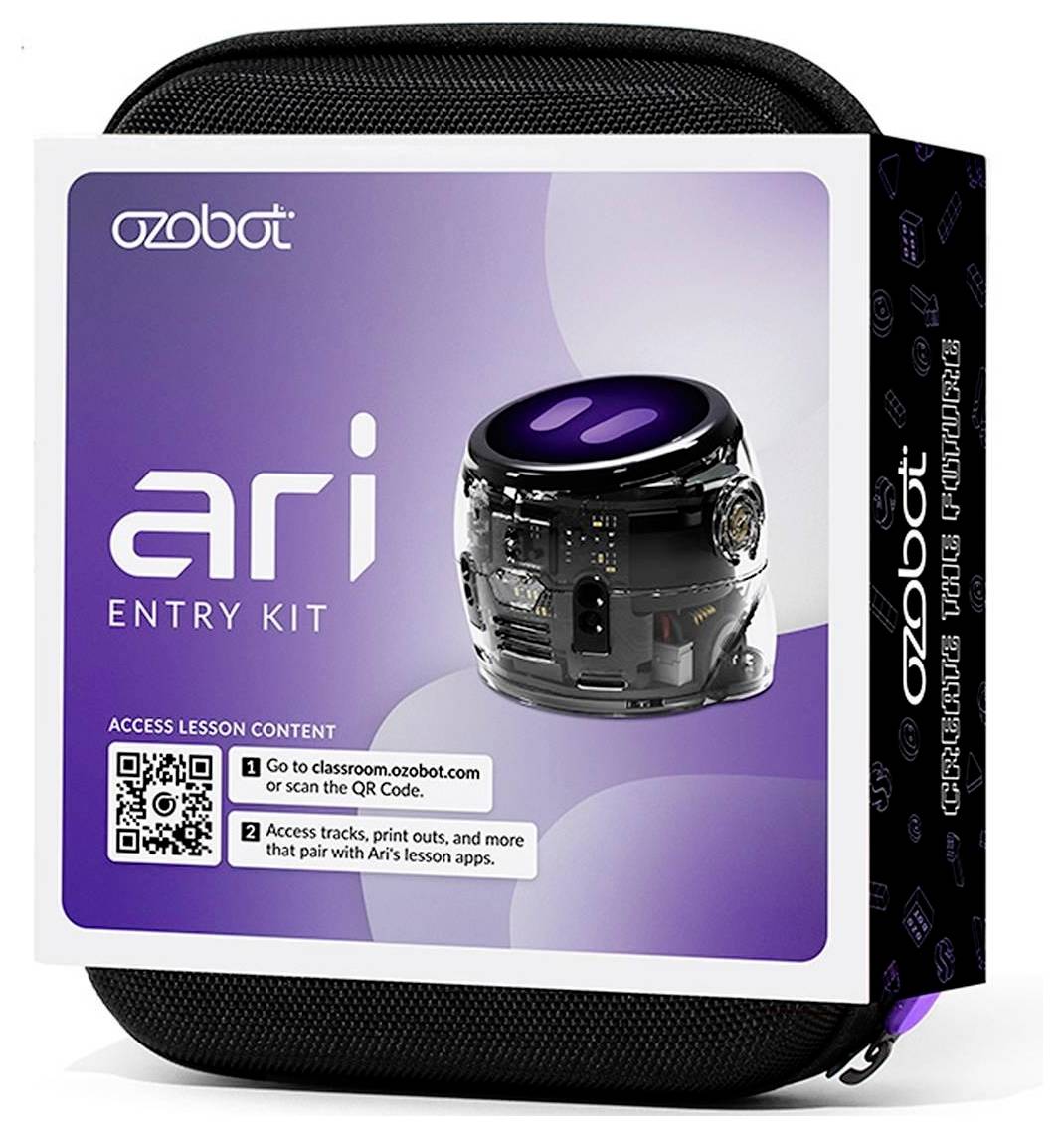 Ozobot Ari Entry Kit Paket mit Roboter und Zugang zu Lektionen-QR-Code, abgebildet in einem schwarzen Transportkoffer.