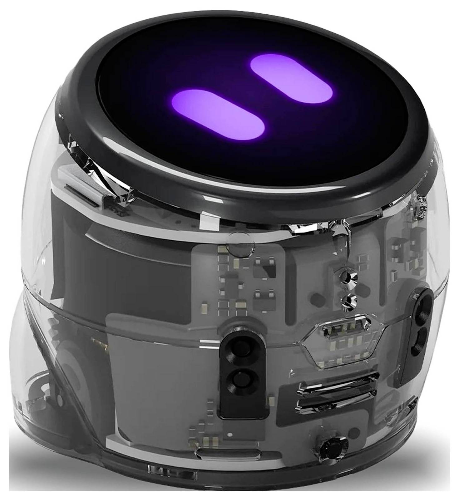 Durchsichtiger zylindrischer Roboter mit schwarzem oberen Display, das zwei leuchtende violette Balken zeigt und interne elektronische Komponenten innerhalb der klaren Schale offenlegt.