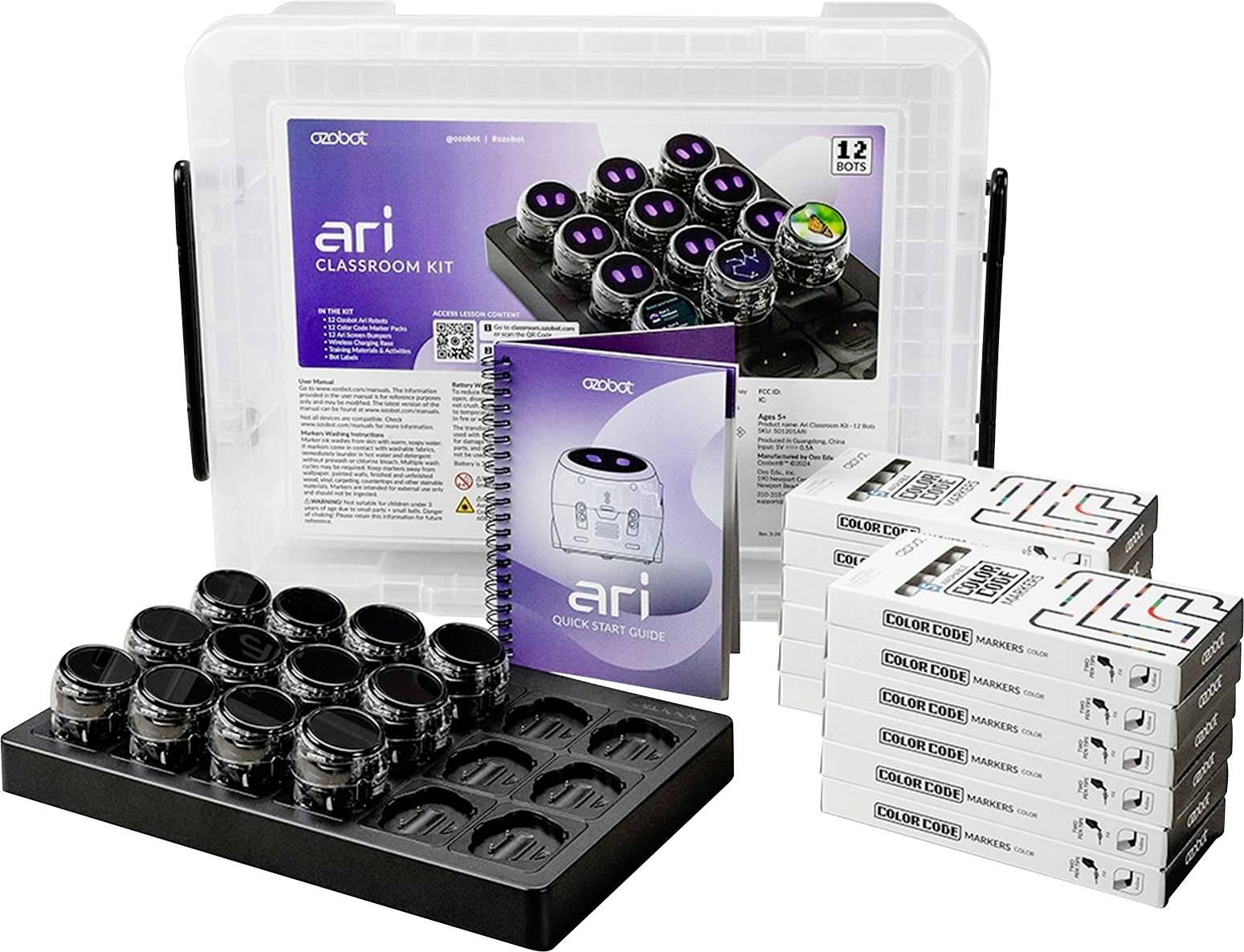 Roboter-Klassenzimmer-Set in einem durchsichtigen Aufbewahrungskasten mit einem Tablett aus runden Roboterteilen, einer Schnellstartanleitung und gestapelten Color Code-Markierungsboxen.