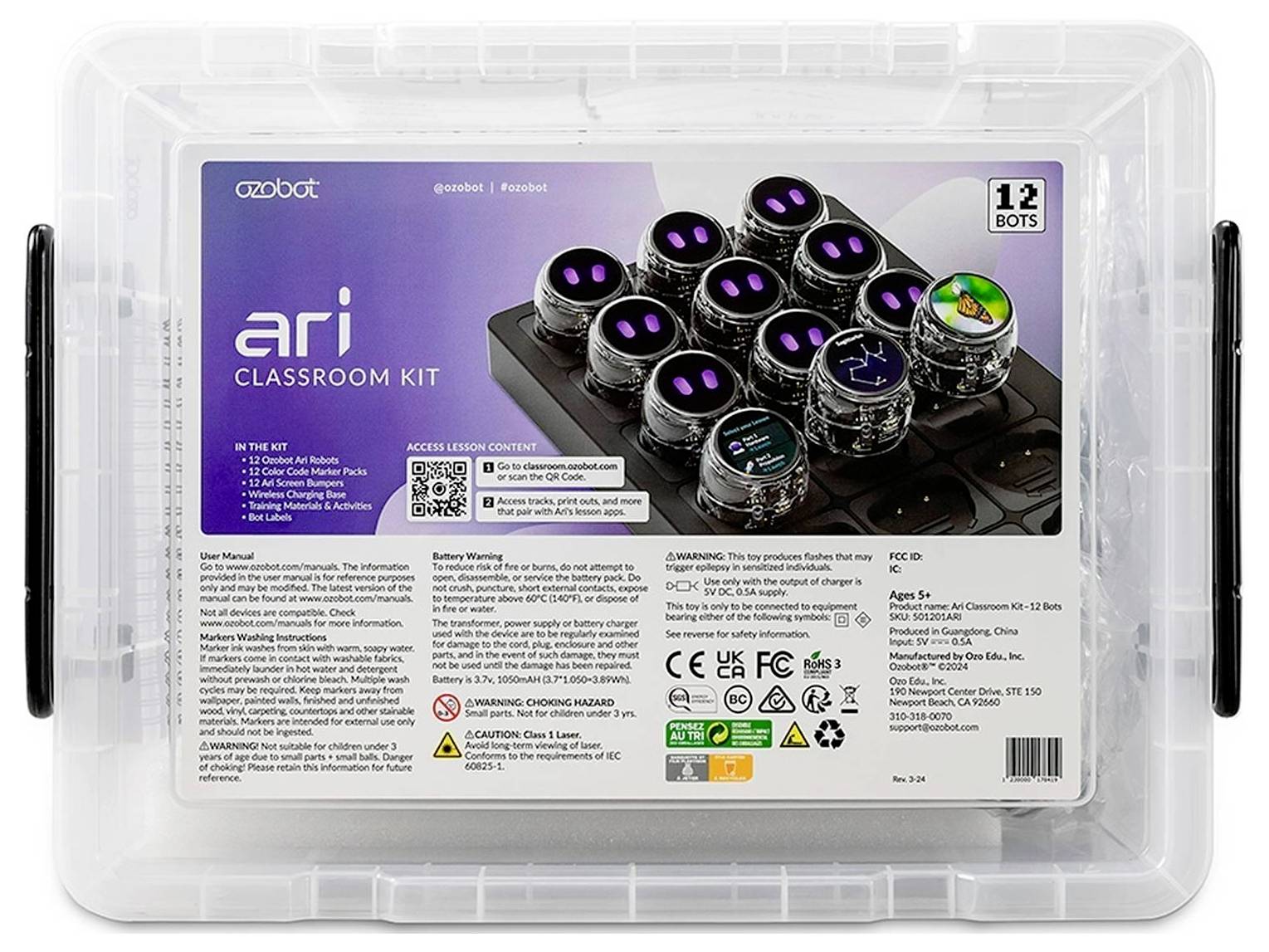 Klare Kunststoff-Aufbewahrungsbox mit einem 'Ozobot Ari Classroom Kit' mit der Bezeichnung '12 Bots', mit Roboterteilen und QR-Code auf dem Paketbeigabe.
