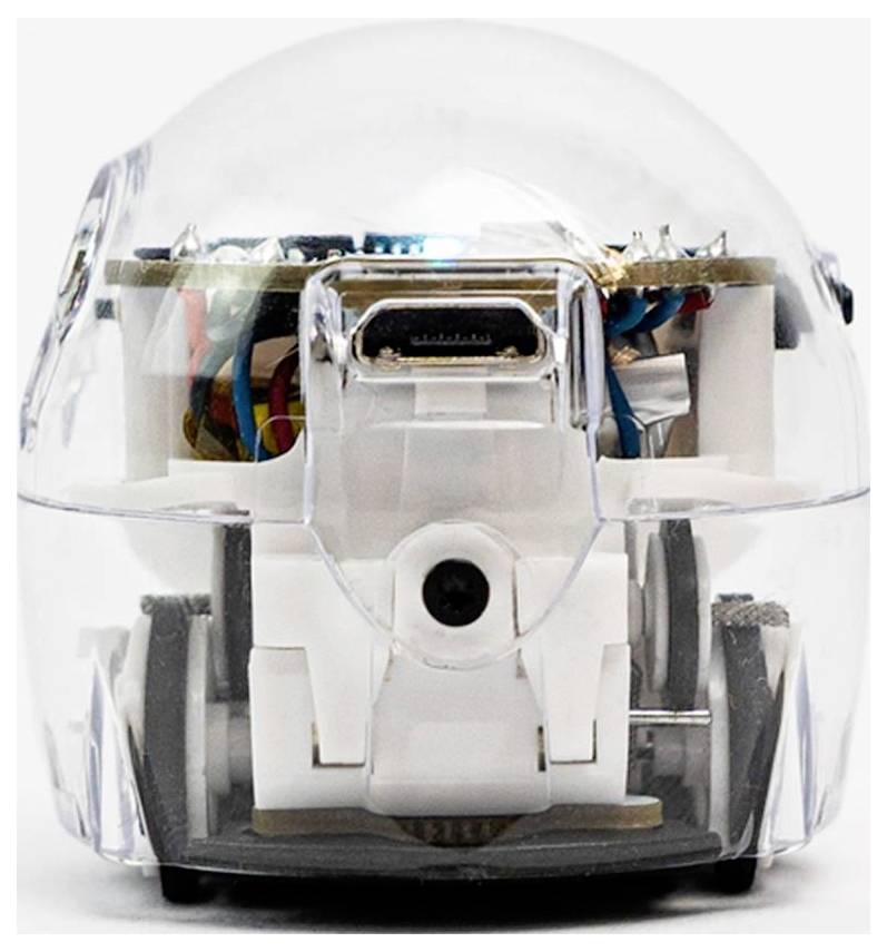 Vorderansicht eines kleinen transparenten Roboters oder Geräts mit sichtbarer interner Verdrahtung und einem zentralen Anschluss, auf weißem Hintergrund dargestellt.
