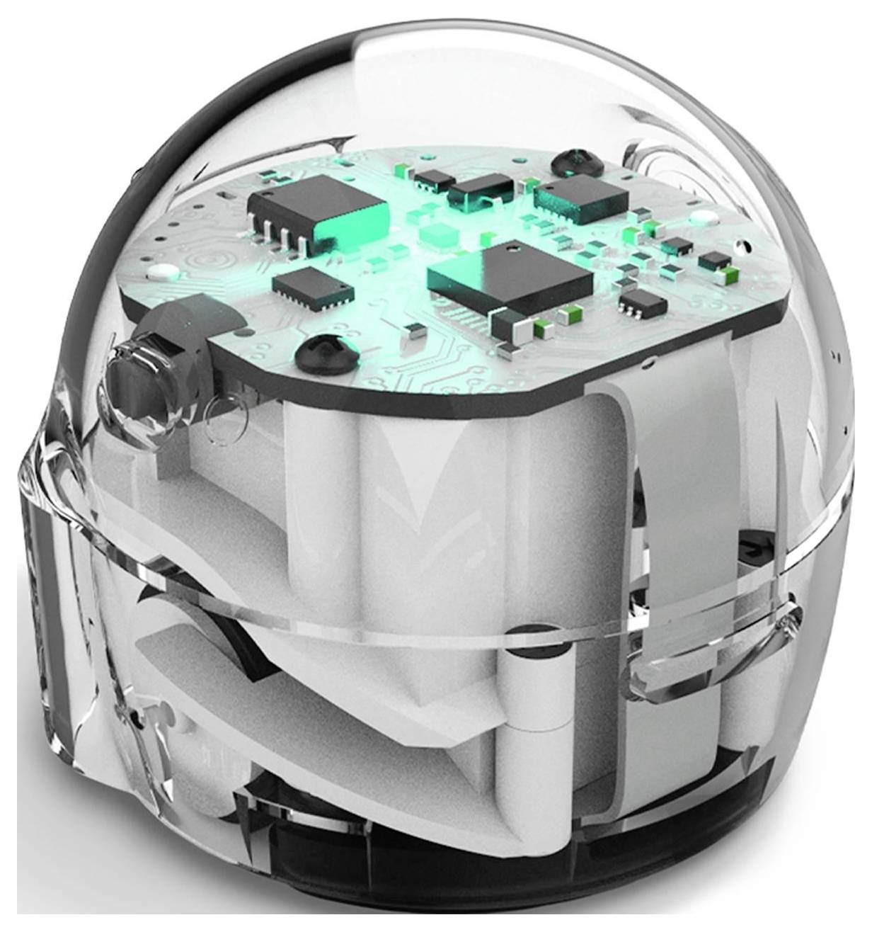 Transparente Kuppel über einer Leiterplatte und einem Akkupack mit leuchtenden türkisfarbenen Komponenten in einem kompakten elektronischen Geräteprototyp.