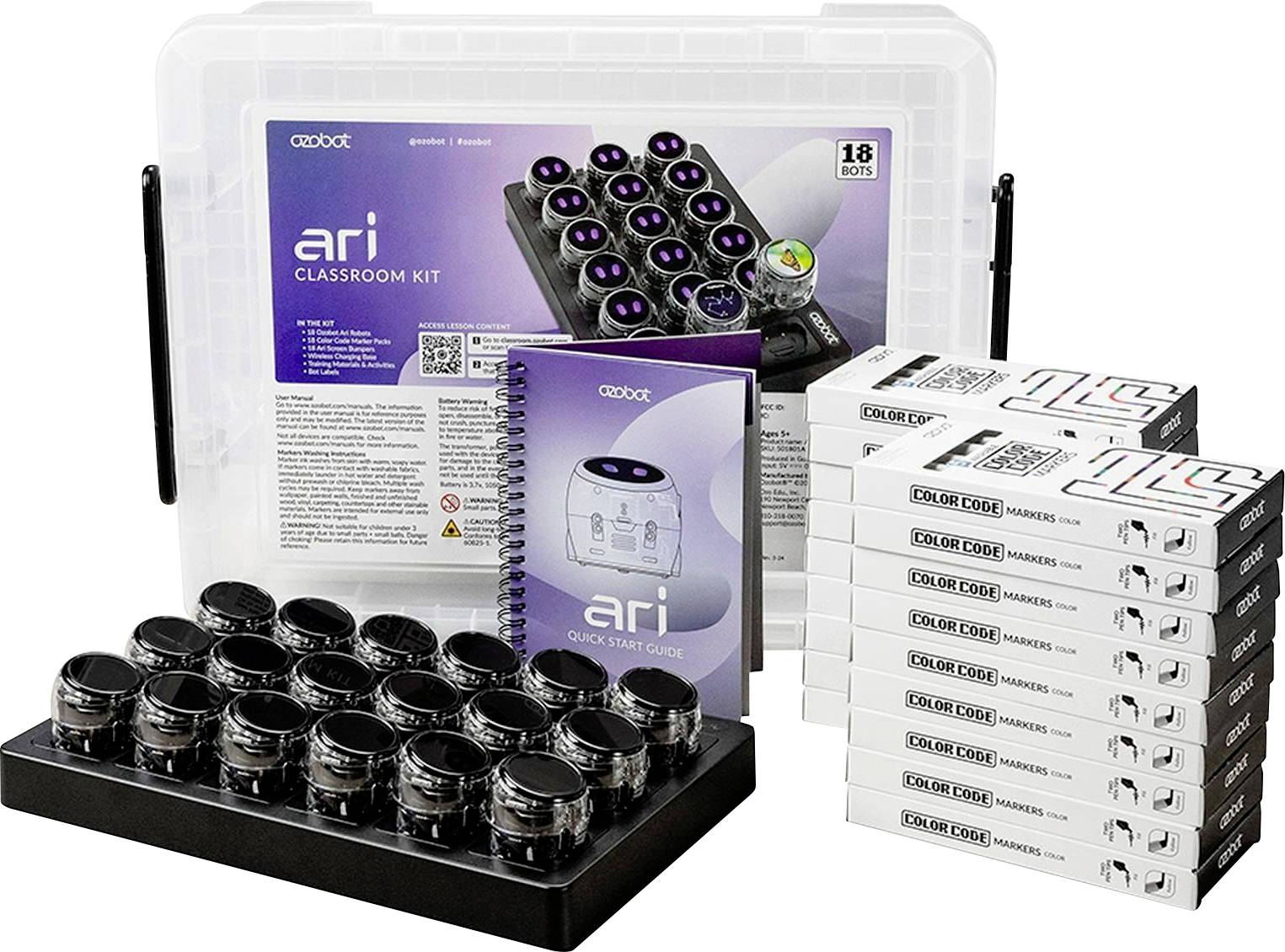 ARI-Klassenzimmer-Set mit 18 Robotern, Bedienfeldern, Schnellstartanleitung, Klassenzimmer-Aufbewahrungskoffer und mehreren Schachteln Color Code Markern.