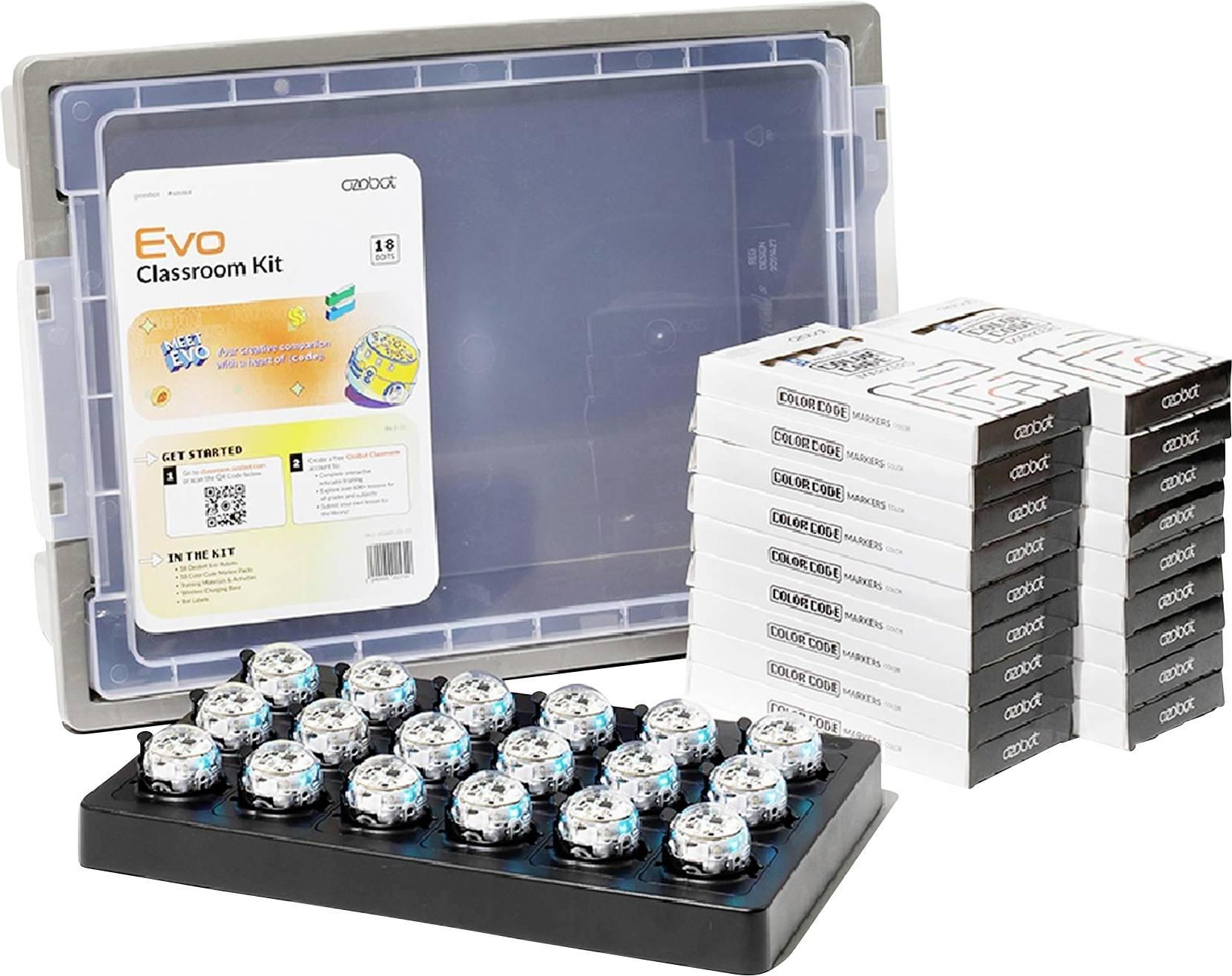 Evo Classroom Kit: Kunststoff-Lagerkasse, schwarze Ladestation mit kleinen Robotern und gestapelte Anleitungsboxen.