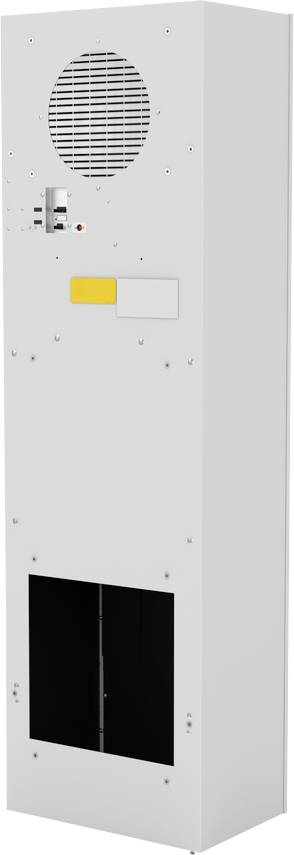 Weißer Industrie-Schrank oder Kiosk mit kreisförmigem Belüftungsgitter, kleinem Bedienfeld, leerem Etikettenbereich und großer schwarzer Frontzugriffstür.