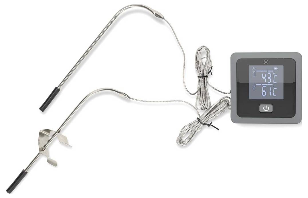 Zwei Metall-Messfühler-Thermometer, die mit einem digitalen Regler verbunden sind und 43°F und 61°F anzeigen, mit aufgewickelten Kabeln auf weißem Hintergrund.