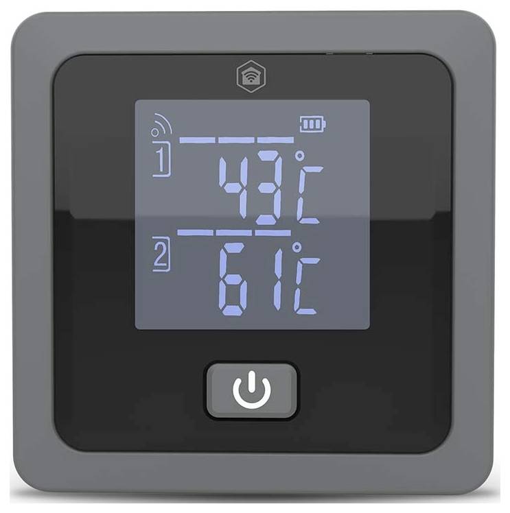 Digitales Thermometer-Display mit zwei Temperaturen: 43°C für Sonde 1 und 61°C für Sonde 2, darunter ein Netzschalter.