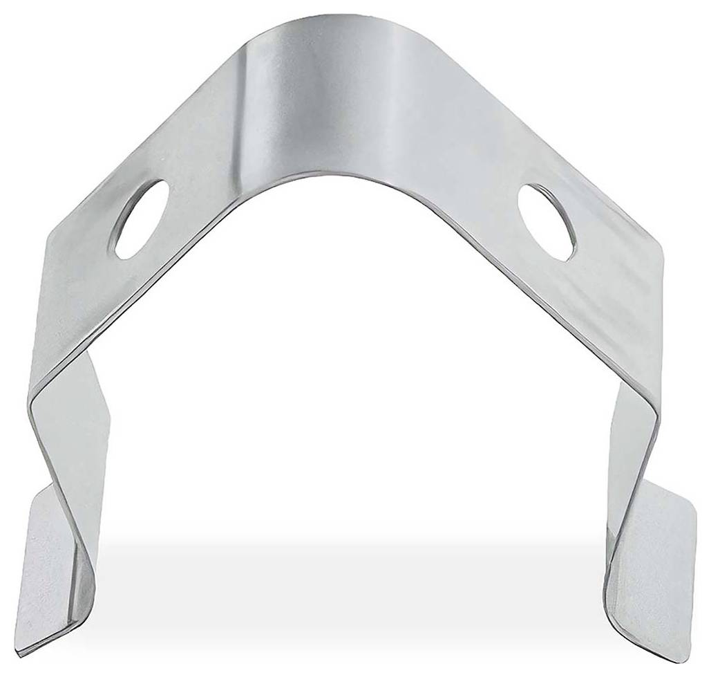 Metallklammer aus Silber mit zwei ovalen Löchern und gebogenen Beinen, isoliert auf weißem Hintergrund dargestellt.