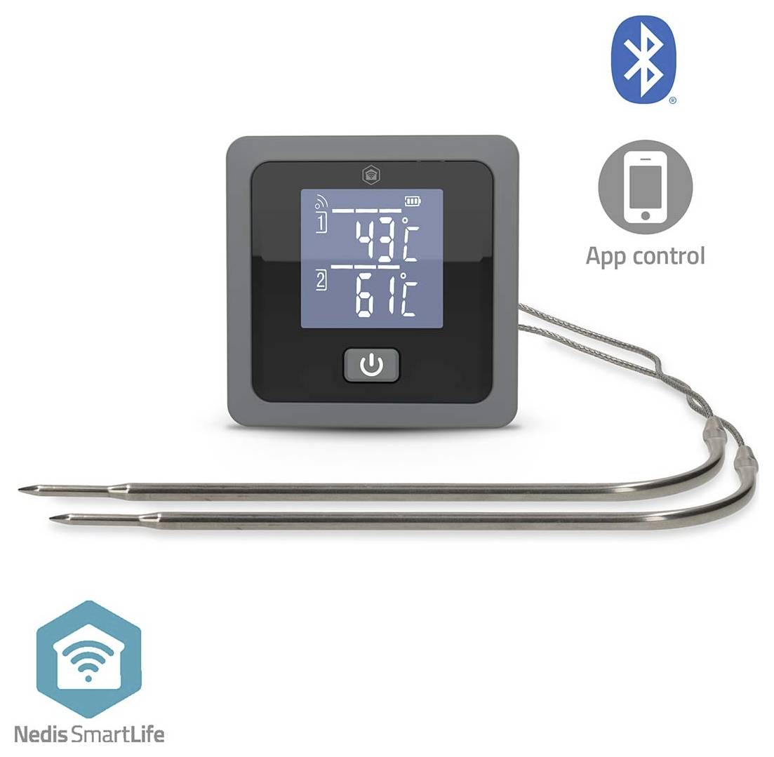 Bluetooth-gesteuertes Dual-Sonden-Thermometer mit App-Steuerung und digitalem Display, das 43°C und 61°C anzeigt, zwei Metallsonden und Nedis SmartLife-Branding.