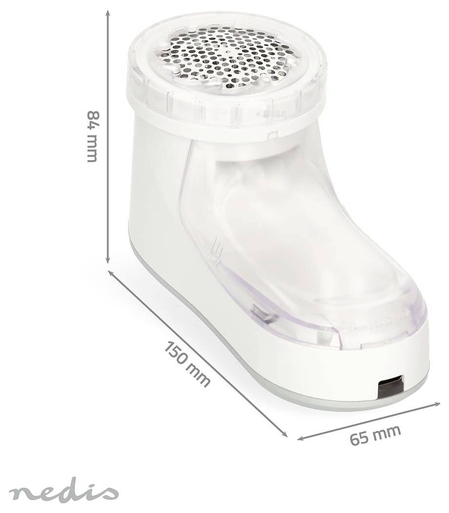 Produktbild eines transparenten, schuhförmigen Fusselrasierers mit beschrifteten Abmessungen: 84 mm hoch, 150 mm lang und 65 mm breit.