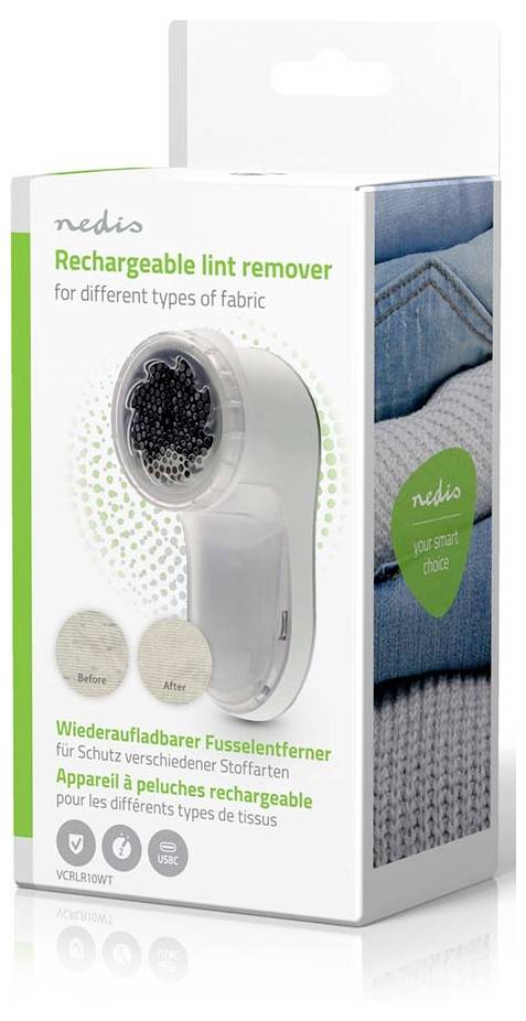 Verpackung eines wiederaufladbaren Fusselentferners von Nedis für verschiedene Stofftypen, dargestellt auf einer weißen Schachtel mit Produktbild und mehrsprachigem Text.
