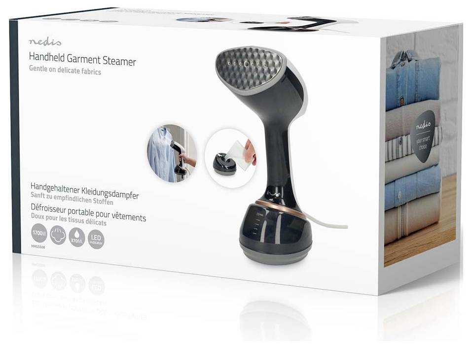Nedis tragbarer Dampfgarer für empfindliche Stoffe in der Verpackung, gezeigt mit Produktfoto und Verpackungstext.