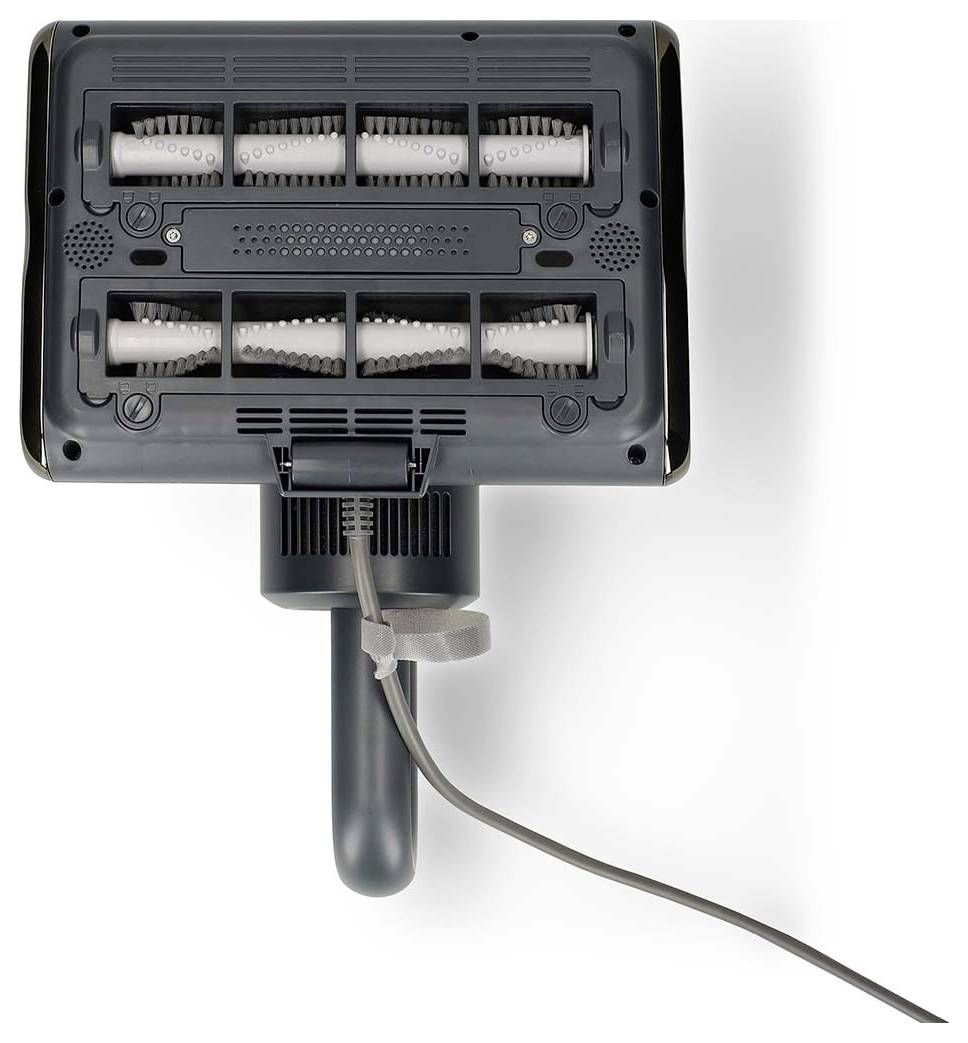 Rückseite eines montierten elektrischen Geräts mit vier Walzenbürsten, Stromkabel hängend vor weißem Hintergrund.