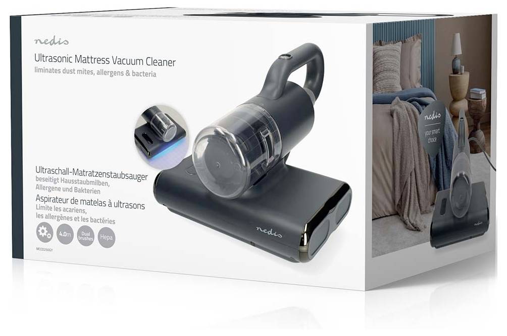 Produktbox für einen Nedis Ultraschall-Matratzenreiniger, der den tragbaren Staubsauger und eine Schlafzimmerszene zeigt, mit Kennzeichnung zur Beseitigung von Staubmilben, Allergenen und Bakterien.