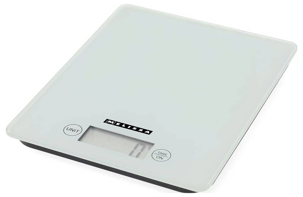 Digitale Küchenwaage mit Glasplattform und LCD-Display, mit Einheits- und Tara-/Ein-Tasten.