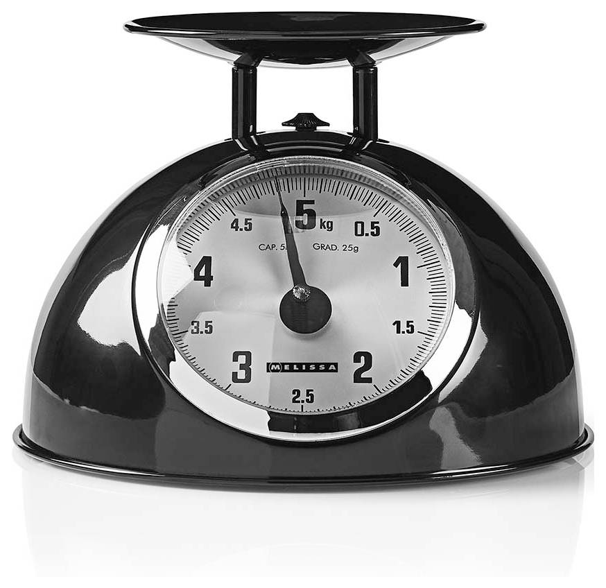 Schwarze analoge Küchenwaage mit rundem Zifferblatt, das Gewichtsmarkierungen bis 5 kg anzeigt.