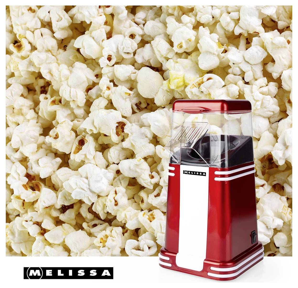Rote Melissa-Popcornmaschine vor einem Hintergrund von gepufftem Popcorn, mit 