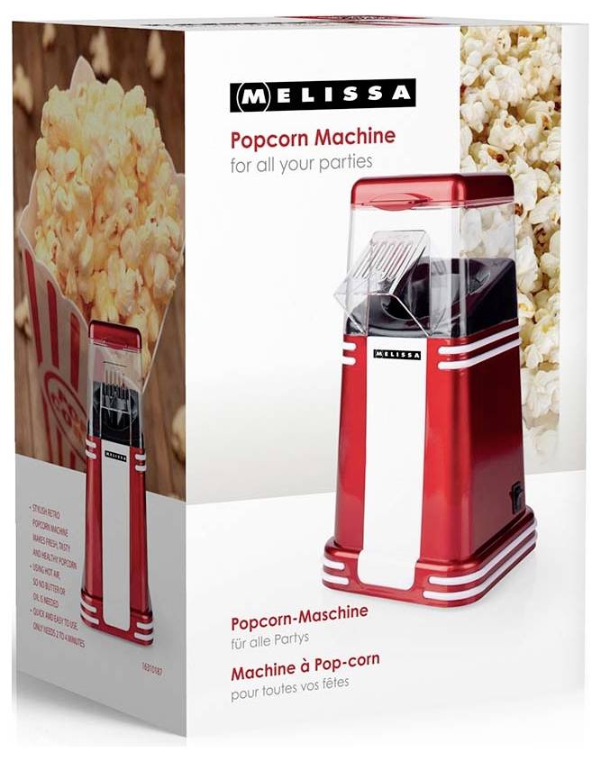 Melissa Popcornmaschinen-Produktbox mit einer roten Arbeitsplatte-Popcornmaschine mit durchsichtiger Haube und Popcorn-Bildern, beschriftet mit 