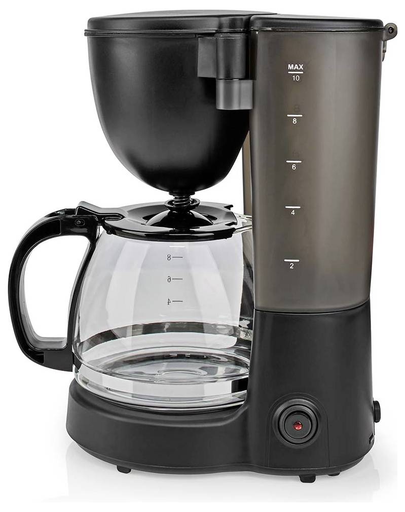 Schwarzer Tropfkaffeeautomat mit Glaskanne und Wasserreservoir mit der Markierung 