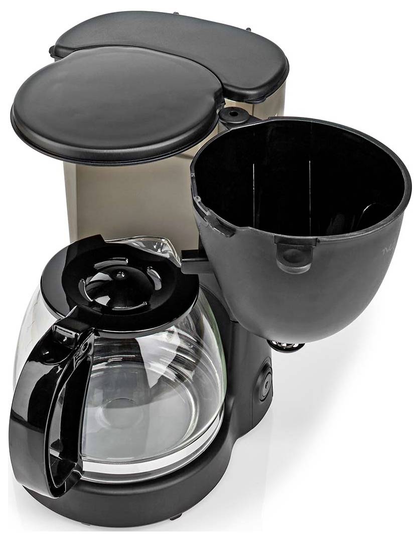 Schwarze Tropfkaffeemaschine mit Glaskanne, offenem Brühkorb und sichtbarem Wasserbehälter auf weißem Hintergrund.
