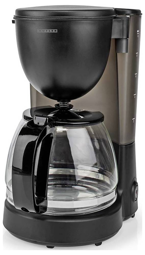 Schwarze Mr. Coffee Tropfkaffeemaschine mit Glaskanne und Wasserbehälter, Vorderansicht auf weißem Hintergrund.