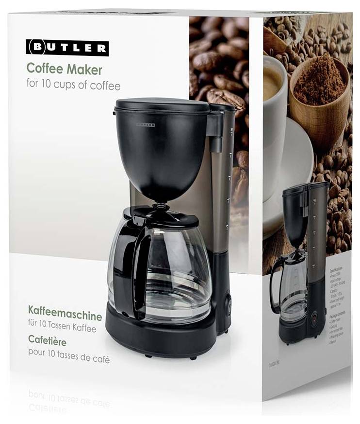 Karton für eine BUTLER-Kaffeemaschine für 10 Tassen Kaffee, zeigt die schwarze Tropfkaffeemaschine mit Glaskanne.