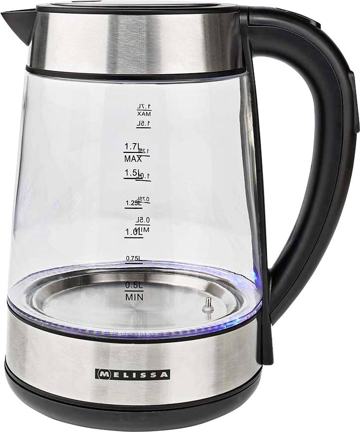 Transparenter Wasserkocher mit Edelstahlakzenten, schwarzem Griff und Wasserstandsmarkierungen bis zu 1,7L MAX.