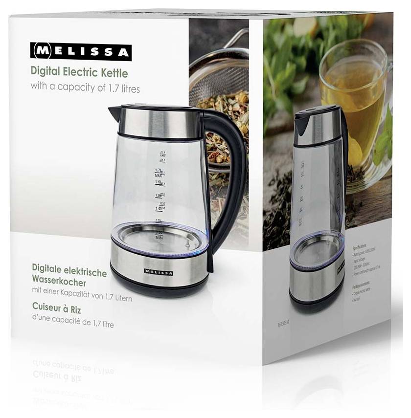 Melissa Digitalwasserkocher in Schachtel, 1,7-Liter Fassungsvermögen, in Edelstahl und Schwarz mit Produktfotos auf der Verpackung.