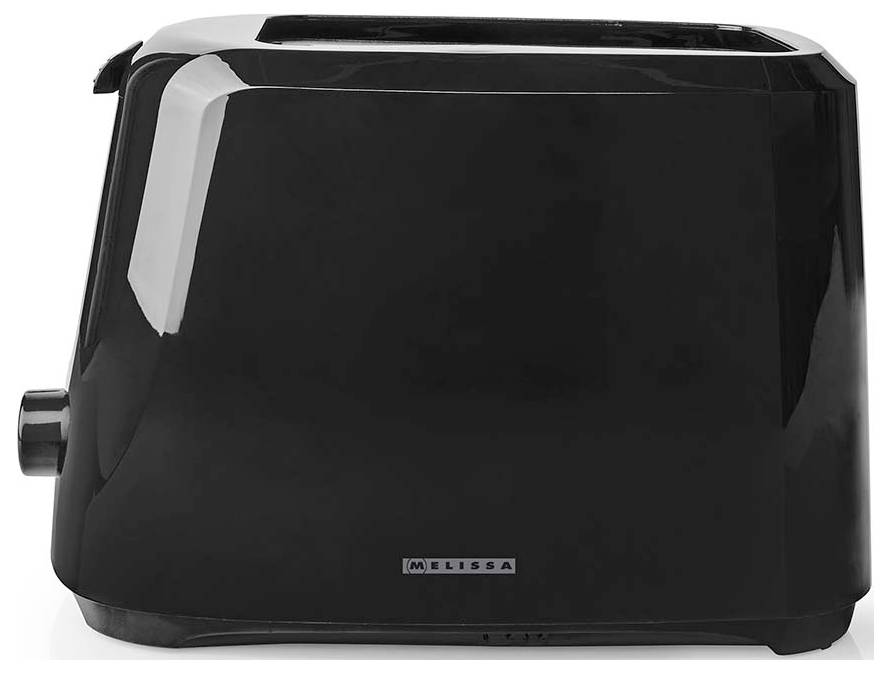 Schwarzer Melissa-Zweischlitz-Toaster auf weißem Hintergrund, mit Seitenhebel und glänzender Oberfläche.