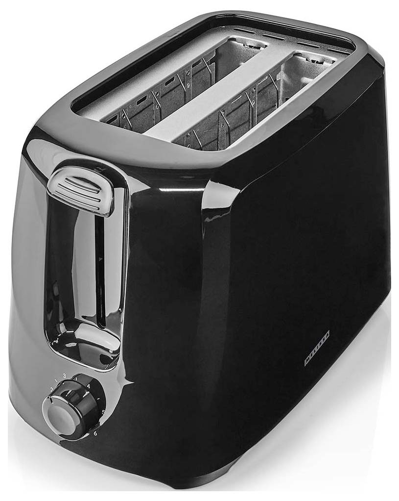 Schwarzer Doppelschlitz-Toaster mit zwei Schlitzen, vorderer Hebel und Bräunungsregler auf weißem Hintergrund.