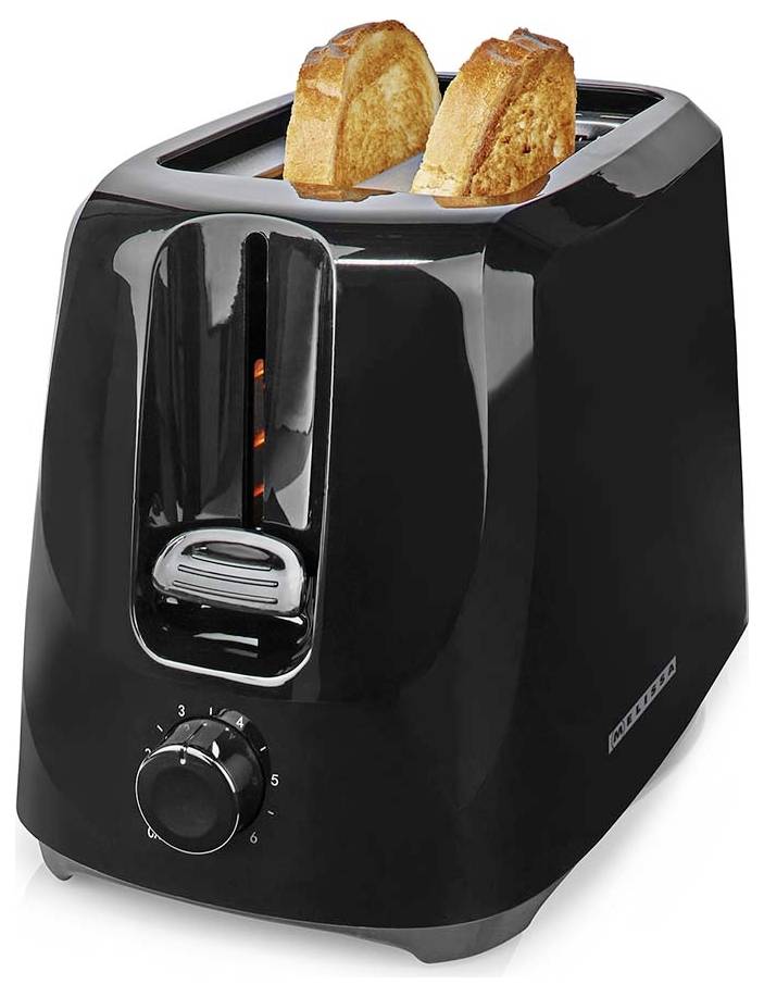Schwarzer Zwei-Scheiben-Toaster mit eingesetzten Brotscheiben und einem vorderen Bräunungsreglerschieber auf weißem Hintergrund.