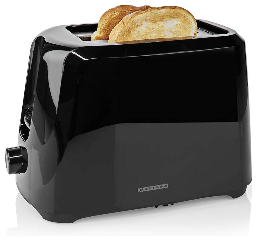 Schwarzer Zwei-Scheiben-Toaster mit zwei Scheiben getoastetes Brot eingefügt, gezeigt auf weißem Hintergrund.