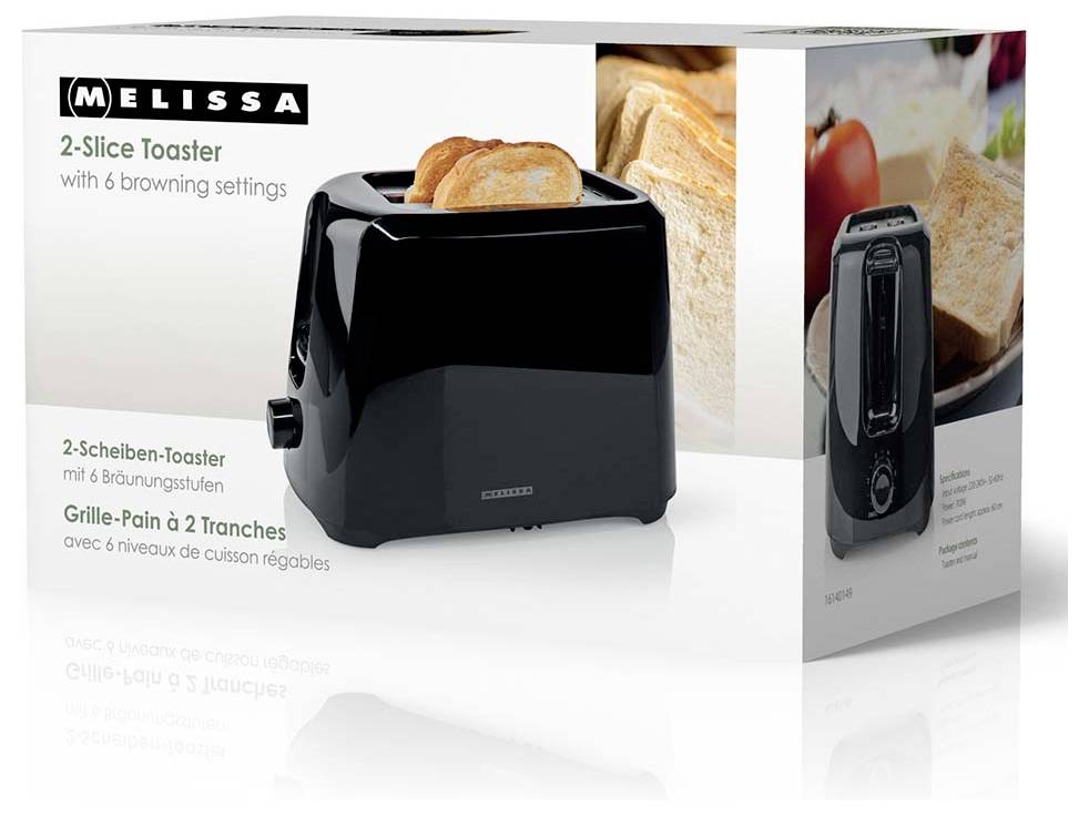 Melissa 2-Scheiben-Toaster in Schwarz in einer Schachtel, mit 6 Bräunungsstufen, abgebildet mit Toast und einem Produktbild auf der Verpackung.
