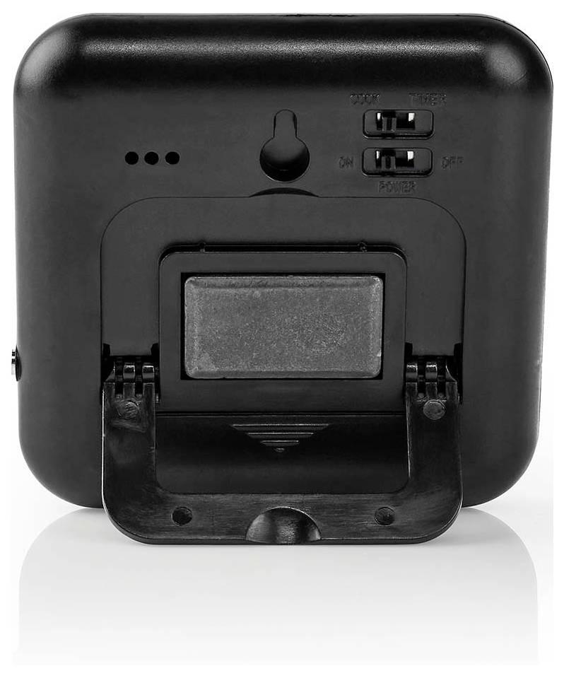 Rückansicht einer schwarzen digitalen Uhr oder eines Weckers mit Batteriefach, ausklappbarem Ständer und Ein-/Zeit-Schiebeschaltern.