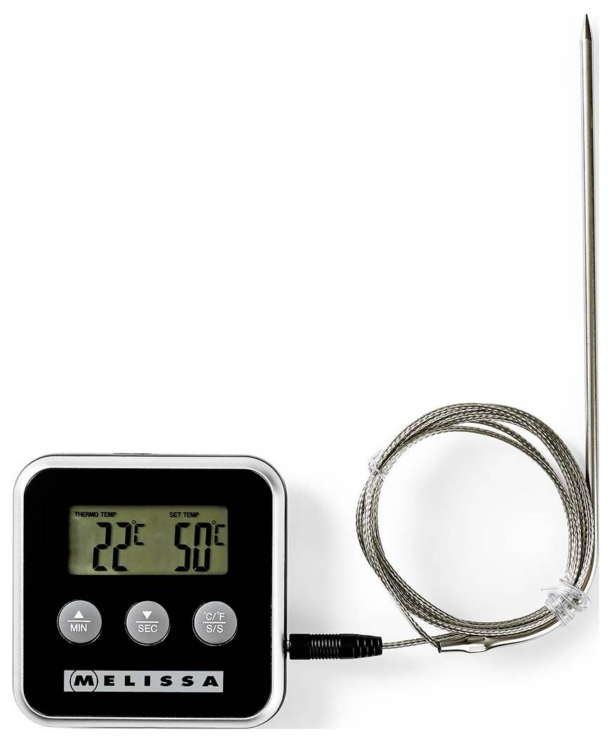 Digitales Fleischthermometer mit kabelgebundenem Messfühler und Display mit Anzeige von 22°C und 90°C, beschriftet mit „Melissa