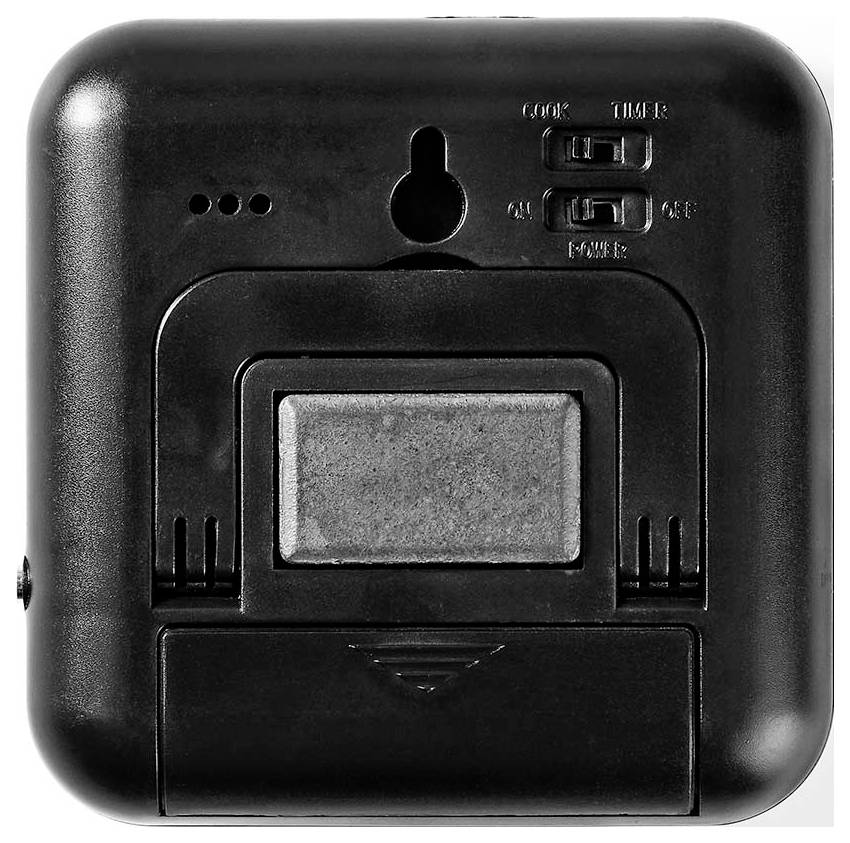 Rückansicht einer schwarzen Wanduhr mit Schlüsselloch-Aufhänger, Batteriefach und Schaltern mit den Aufschriften „Uhr/Timer