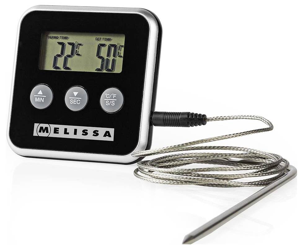 Digitales Küchenthermometer mit Sonde zeigt 22°C und eingestellte Temperatur von 50°C an; Marke Melissa auf der Vorderseite sichtbar.
