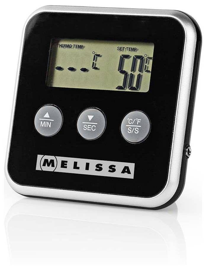 Digitale Küchenuhr/Thermometer mit eingestellter Temperatur 50°C, mit MIN-, SEC- und °C/°F-Tasten und Melissa-Branding.