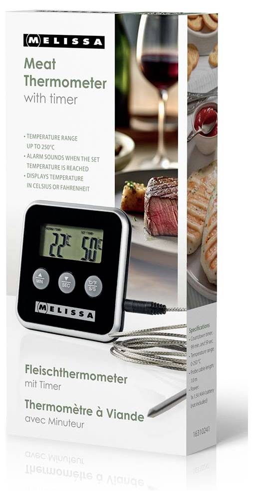 Schachtel des Melissa-Fleischthermometers mit Timer, zeigt digitales Display, Sonde und Temperaturbereich für Lebensmittel bis 250°C.