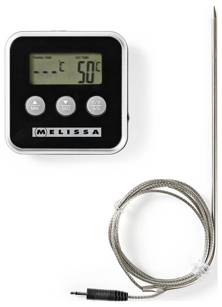 Digitales Fleischthermometer mit LCD-Display, das 50°C anzeigt, drei Steuerungstasten und ein aufgerolltes Probenkabel mit Metallfühler.