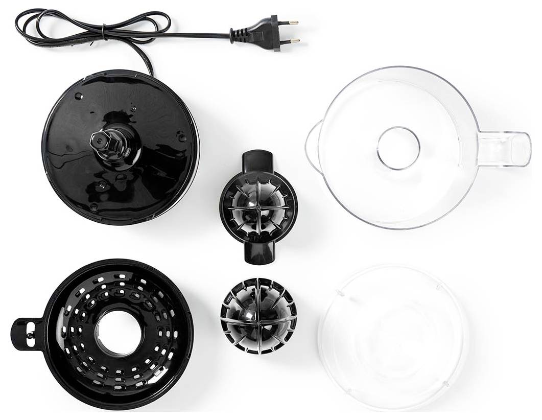 Teile eines Elektrogeräts auf weißem Hintergrund angeordnet: Kabel, schwarze Motorhalterung, Lüfterblätter und zwei durchsichtige Kunststoffschüsseln/Deckel.