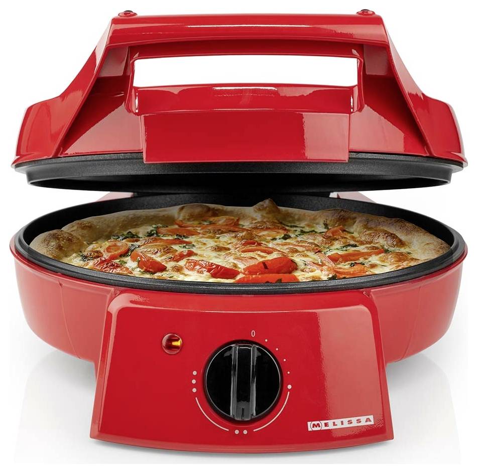 Rote Arbeitsplatte Elektro-Pizzaofen mit geöffnetem Deckel, zeigt eine fertig gebackene Pizza im Inneren und ein Fronttemperaturregelventil.