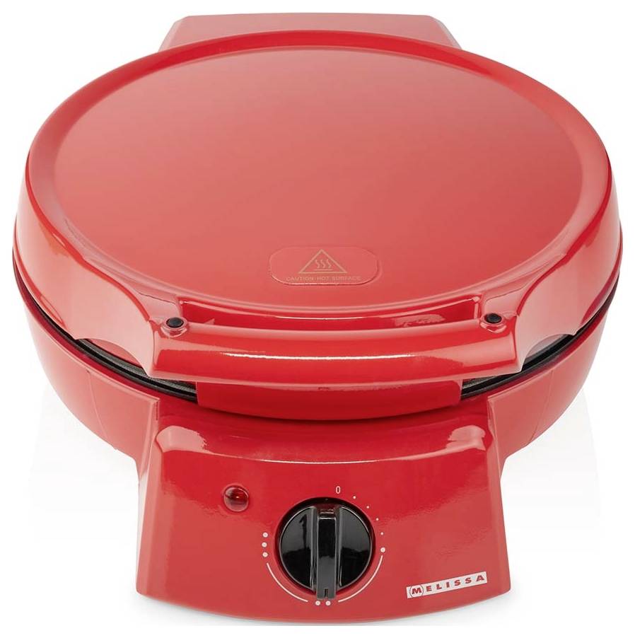 Rotes elektrisches Kontaktgrill- oder Sandwichmaker-Gerät mit rundem Deckel und vorderer Temperaturregelknopf, geschlossen vor weißem Hintergrund dargestellt.