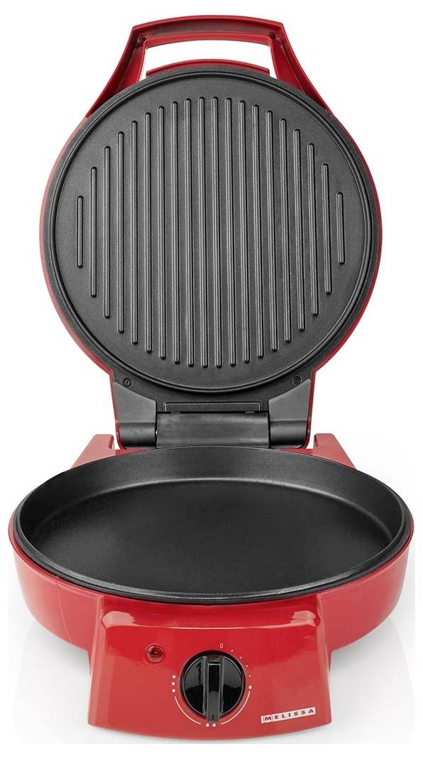 Roter runder elektrischer Grill mit geöffnetem Deckel, der eine gerippte Oberplatte und eine untere Kochfläche zeigt.