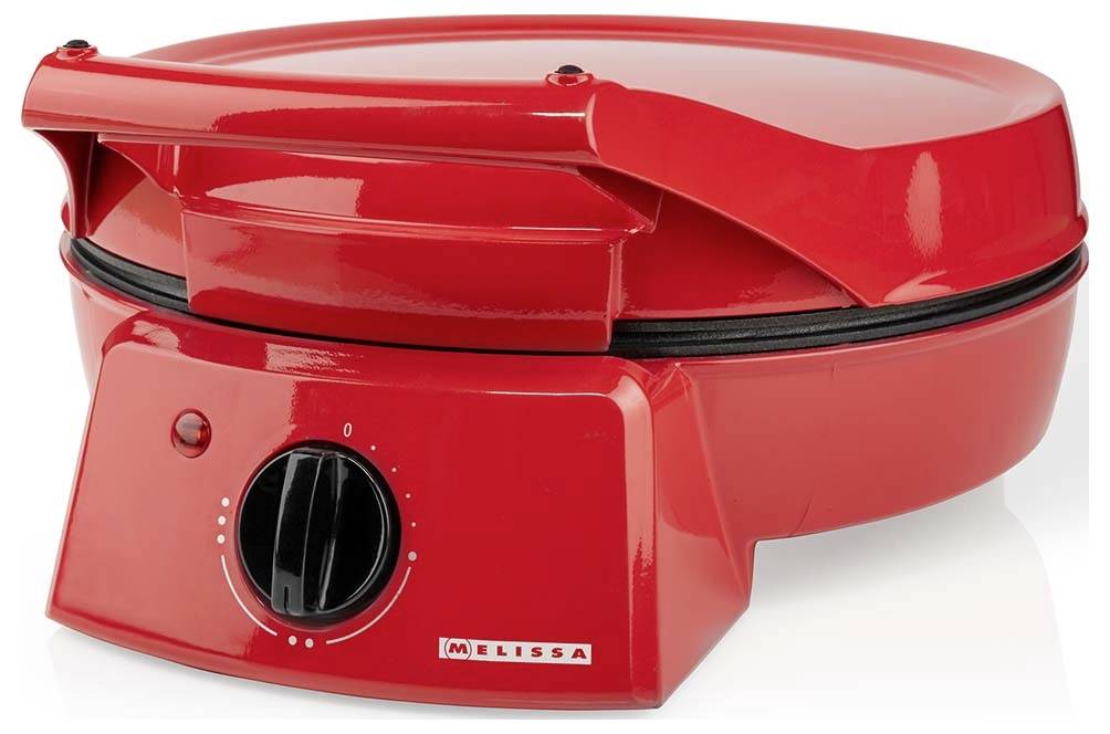 Roter Zähler-Pizza-Ofen mit Temperaturregelknopf an der Front und Melissa-Markenbezeichnung.