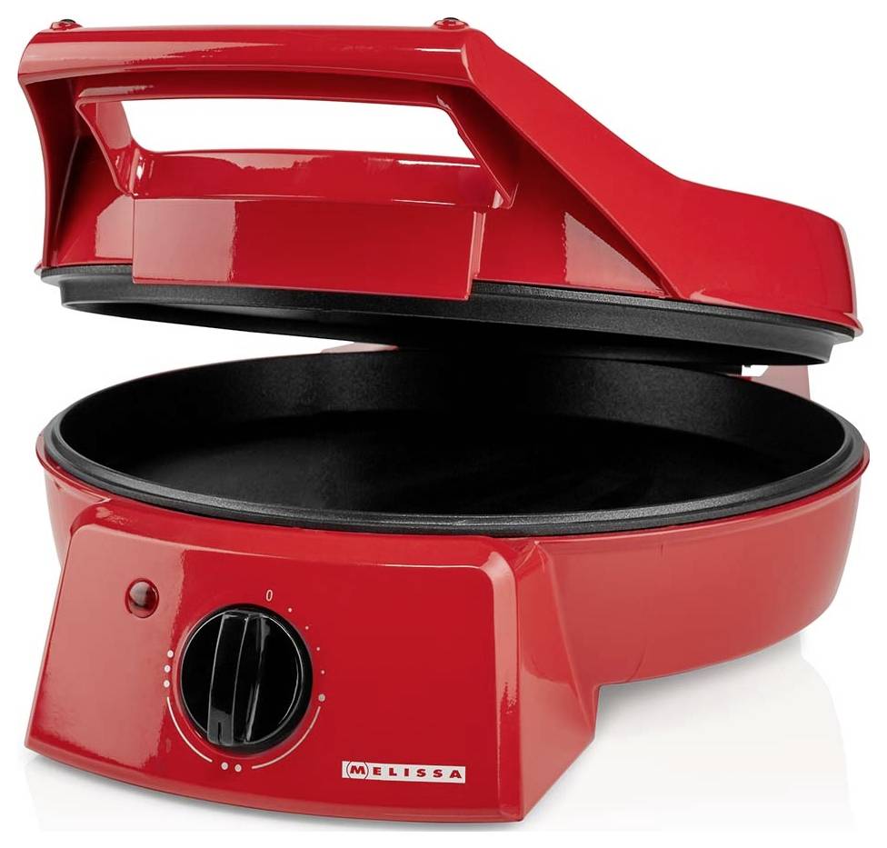 Roter Elektrogrill oder Sandwichmaker mit offener Abdeckung, der eine runde schwarze Kochfläche und einen vorderen Temperaturregler zeigt.