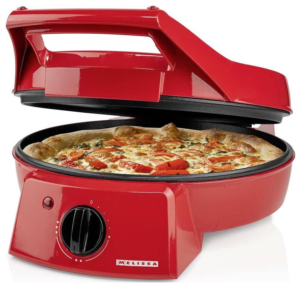 Rote Arbeitsplatte-Pizzaofen mit geöffnetem Deckel, zeigt eine gebackene Pizza im Inneren und einen vorderen Temperaturreglerschieber.